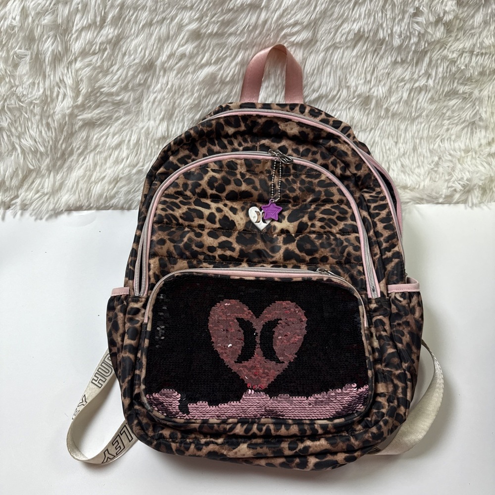 Hurley BACKPACK Full Size Flip‎ SEQUIN Pink & Leopard MULTI POCKET Laptop Sleeve